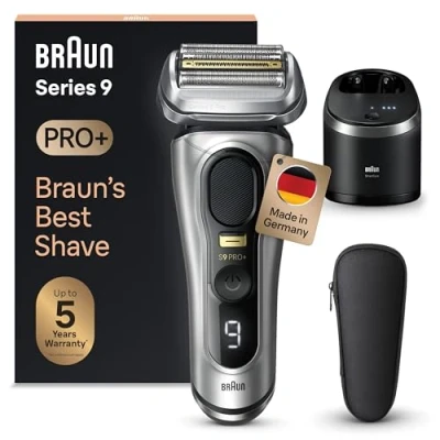 Abbildung von Braun Series 9 Pro+ Rasierer Herren Elektrisch, Elektrorasierer mit 5 Pro Rasierelementen, Langhaarschneider ProTrimmer &amp; Reinigungsstation, 60 Min Laufzeit, Made in Germany, 9567cc, Silber