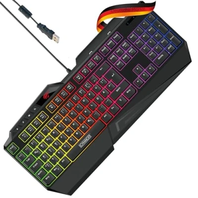 Abbildung von SCHWAIGER GT108 Gaming Tastatur PC Computer Keyboard RGB Beleuchtung Anti Ghosting Tasten QWERTZ Smartphonehalter Handballenablage Multi Media Bedienelement Regenbogenfarben