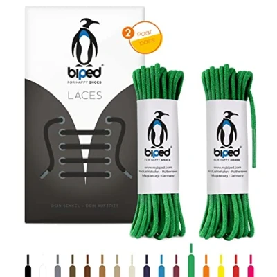 Abbildung von biped LACES 2 Paar runde Schnürsenkel aus Baumwolle ø mm dünn Premium Rundsenkel für Lederschuhe und Stiefel reißfest waschbar made in EU z2900(grün,120 cm)