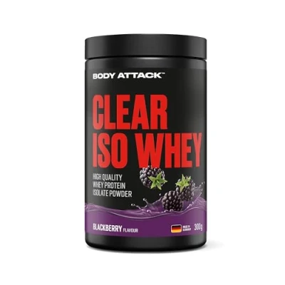 Abbildung von Body Attack Clear Iso Whey Blackberry, 300g Made in Germany Erfrischendes, klares Protein Isolat 24 g und 11.400 mg EAAs pro Shake, zucker &amp; fettfrei