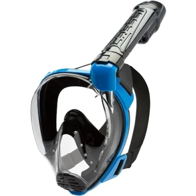 Abbildung von Cressi Baron Full Face Mask, Vollgesichtsmaske zum Anti Fog Schnorcheln, Komfortgesicht, Auslassventil und trockenes Mundstück, erhältlich für Erwachsene Kinder, Schwarz/Blau, M/L