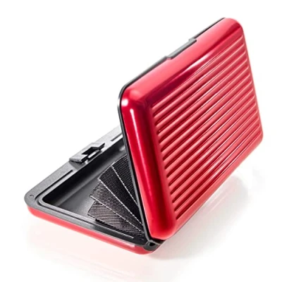 Abbildung von VALLET® Kreditkartenetui aus Aluminium für Damen &amp; Herren blockiert RFID NFC Kreditkarten Personalausweis EC Karten Kartenetui Kartenhülle Portemonnaie Etuis Rot