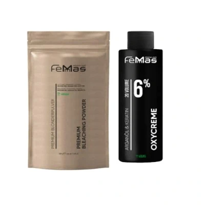 Abbildung von FemMas Blondier Set: Premium Blondierpulver 100g &amp; Oxycreme 100ml Perfektes Starter Set für blonde Haare bis zu 9 Tonstufen hellere in Salon Qualität (Blond, 6%)