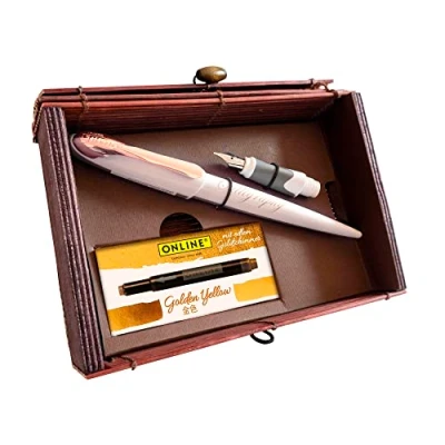 Abbildung von ONLINE 10059 Kalligrafie Set I Schönschreibfüller Air White Rose Federn in 2 Strichstärken 0,8 / 1,4 mm 5x Tintenpatronen Gold Geschenkset für Kalligraphie Fans Geschenkbox