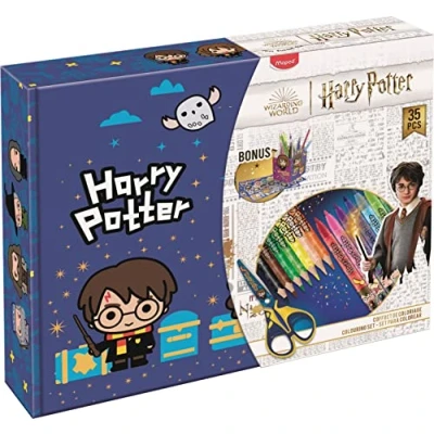 Abbildung von Maped Harry Potter 34 teiliges Set 12 Filzstifte + Buntstifte 1 Schere Spitzer Radiergummi 5 Malbögen 2 Stickerbögen offizielles Lizenzprodukt