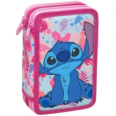 Abbildung von 3 Fach Federmäppchen für Stitch Fan 44 teilig, komplett gefüllt, inklusive Stifte, Bleistifte, Filzstifte, Buntstifte, Scheren Grundschule und Geschenk Offizielles Gadget Kinder