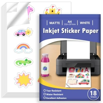 Abbildung von Euqvunn 18 Sheets Stickerpapier zum Selbst Drucken A4, Matte Weiß Wasserdicht Bedruckbares Vinyl Sticker Papier, Selbstklebende Vollseite für Inkjet Drucker, Schnelltrocknend, 210x297mm