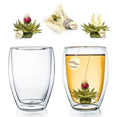 Abbildung von Creano Glas doppelwandiges Thermoglas 250ml „DG Hoch“, 2er Set + 2 Teeblumen Erblühteelini Weißer Tee im Tassenformat