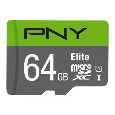 Abbildung von PNY Elite 64GB microSDXC Speicherkarte + SD Adapter, 100MB/s Lesegeschwindigkeit, Klasse 10 UHS I, U1 für Full HD Video