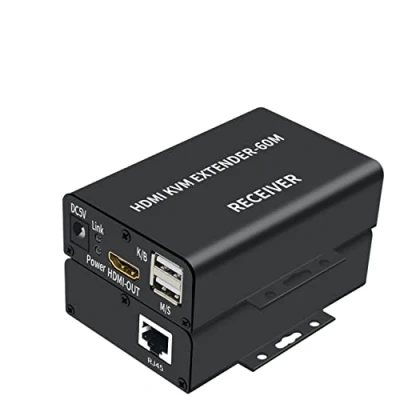 Abbildung von 1080P HDTV 60M KVM Extender HDMI kompatibel USB A Tastatur Maus 3,5 mm AUX Aluminiumlegierung auf CAT6 RJ45 LAN Ethernet (60 m)