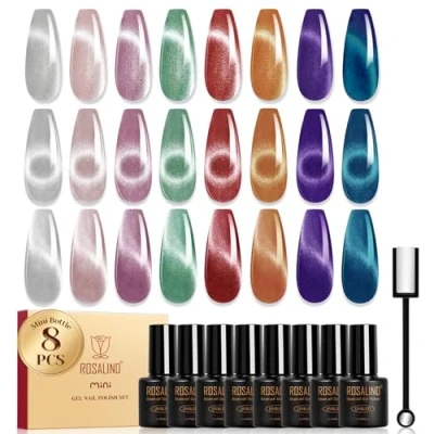 Abbildung von ROSALIND UV Nagellack Magnetisch, 8 Farben Weiß Rosa Violett Grün Rot Kristalle Cat Eye Gel Katzenauge mit Magnet, Soak Off Mini Nail Polish Cateye für Art Maniküre