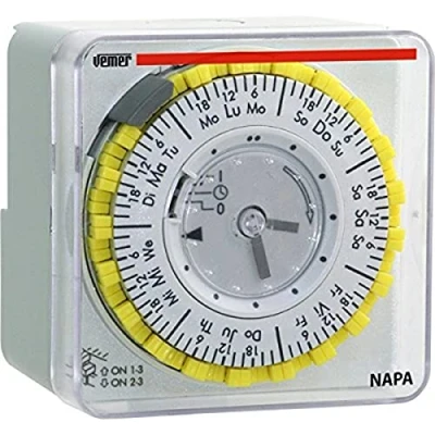 Abbildung von VEMER VP885800 Elektromechanisch Zeitschaltuhr mit Steckreitern Wochenprogrammrung, Schalttafel, Wand oder DIN Schienenmontage, Grau