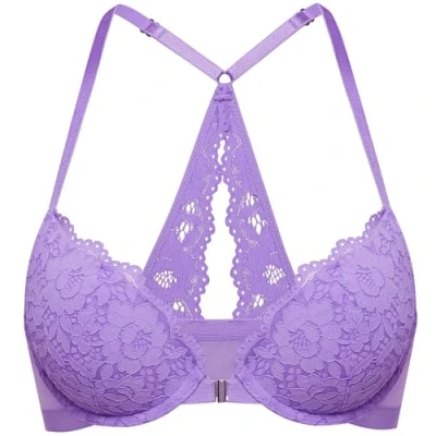 Abbildung von DOBREVA Damen Vorderverschluss BH mit Bügel Push Up Spitzen Neckholder BHS Racerback Tiefer Ausschnitt Gepolsterter Flieder 80AA