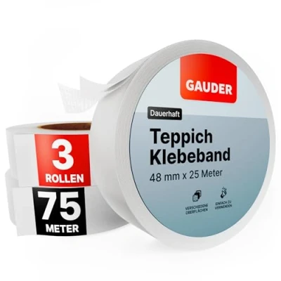 Abbildung von GAUDER Teppichklebeband (25m) 3er Pack Klebeband für Bodenbeläge, Treppenstufen und mehr Teppichband doppelseitig Renovierungsarbeiten