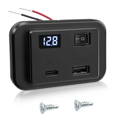 Abbildung von Hoembpn 12V USB C Steckdose Auto Ladegerät Ladebuchse mit LED Voltmeter und Schalter 40W PD Type QC3.0 Schnellladung Panel für 12V/24V KFZ Wohnmobil Motorrad LKW Marine