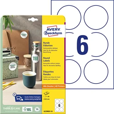 Abbildung von AVERY Zweckform 6229REV 10 runde Etiketten (60 Klebepunkte, Ø80mm auf A4, Aufkleber zum Bedrucken, wieder rückstandsfrei ablösbar/abziehbar, selbstklebende Marmeladenetiketten) Blatt, weiß