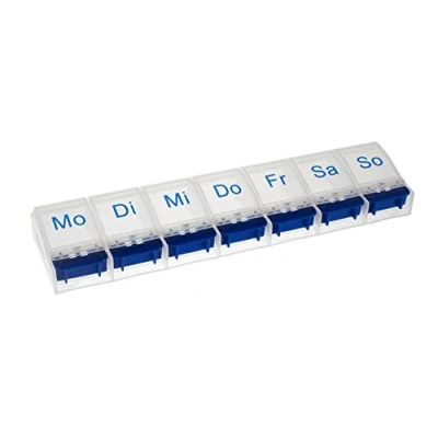 Abbildung von Vanlo Pillendose mit 7 Fächern für eine Woche in weiß/blau Öffner, Pillenbox, Tablettendose, Medikamentendose