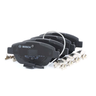 Abbildung von BOSCH 0 986 494 113 Bremsbelagsatz Low Metallic mit integriertem Verschleißsensor Schrauben Zubehör FIAT: Punto Evo Hatchback, 500 Hatchback