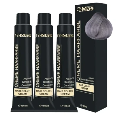 Abbildung von FemMas Haarfarbe 3x Metallic Grau I Professionelle Creme mit Arganöl, Keratin &amp; Ceramiden Als dauerhafte Haarfärbung oder Tönung für strahlende, haltbare Farbergebnisse 100 ml