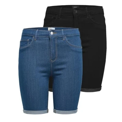 Abbildung von ONLY Damen ONLRAIN MID Long DNM Shorts 2PACK, Kurze Jeans Medium Blue Denim/Black, XS