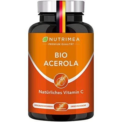 Abbildung von ACEROLA BIO Lutschtabletten Natürliches Vitamin C Hochdosiert 1000mg Reines Pulver Frucht Extrakt aus Acerolakirsche Tablette 100% VEGAN Cherry Kirsche Geschmack Immunsystem Energie Kinder