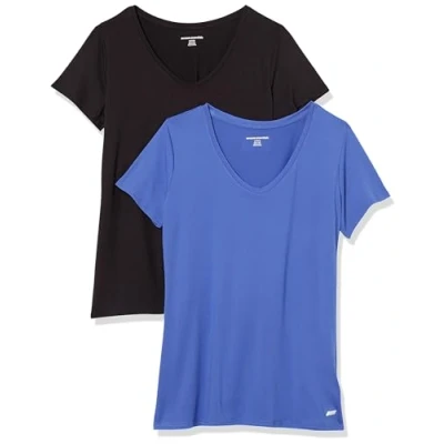 Abbildung von Amazon Essentials Damen Tech Stretch T Shirt mit kurzen Ärmeln und V Ausschnitt (erhältlich in Übergröße), 2er Pack, Kräftiges Blau/Schwarz, M