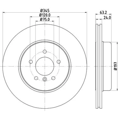 Abbildung von HELLA PRO 8DD 355 119 341 Bremsscheibe 345 24 05/06 120 außenbelüftet beschichtet ohne Radbefestigungsbolzen, Radnabe BMW: 5 Saloon, Touring