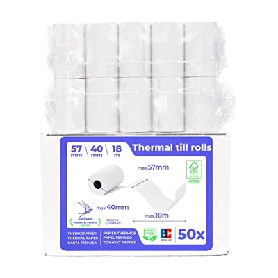 Abbildung von SWIPARO Ec Cash Thermorollen 57mm x 18m 12mm Kassenrollen Thermopapier Bonrollen für Bankomat Kredit Kartenlesegeräte mit SEPA Lastschrifttext (50 Stk.)