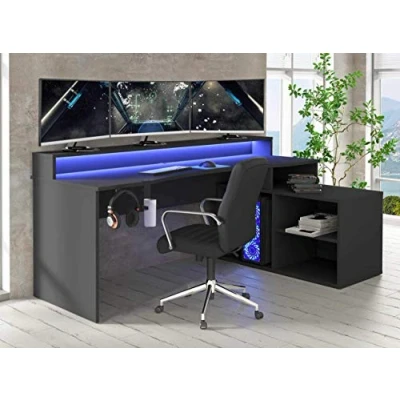 Abbildung von Forte TEZAUR Computertisch Gaming Desk mit LED Beleuchtung und Regalteil, Holzwerkstoff, Schwarz, B x H T: 200 91,1 125,4 cm