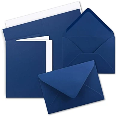 Abbildung von 10 x Faltkarten Set DIN A5 Dunkel Blau inkl. Umschlägen C5 und passenden Einlegeblättern in Weiß blanko Klappkarten 14,8 21 cm