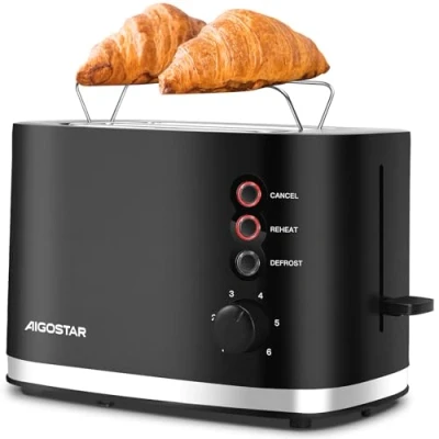 Abbildung von Aigostar Energy Toaster 2 Scheiben mit Brötchenaufsatz, extra breite Toastschlitze &amp; Brotzentrierung, 6 Bräunungsstufen, Abbruch , Auftau Aufwärmfunktionen, Krümelschublade, 800W, Schwarz