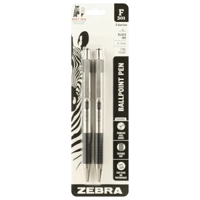 Abbildung von Zebra® F 301 Druckkugelschreiber aus Edelstahl, feine Spitze, 0,7 mm, schwarze Tinte, 2 Stück