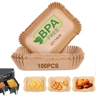 Abbildung von AiQInu Backpapier für Heißluftfritteuse mit Doppelkammer, 100 Stück 22x14cm BPA frei Rechteckig Airfryer Antihaft Einweg Wasserdicht Ölfest Pergamentpapier Liner Zubehör