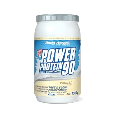 Abbildung von Body Attack POWER Protein 90 Vanilla 1kg Dose Mehrkomponenten Pulver, Made in Germany Mit BCAA, Vitaminen &amp; L Carnitin Shake extra cremiger Geschmack, gute Löslichkeit