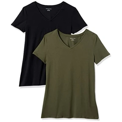 Abbildung von Amazon Essentials Damen Kurzärmeliges T Shirt mit V Ausschnitt, Klassischer Schnitt, 2er Pack, Olivgrün/Schwarz, S