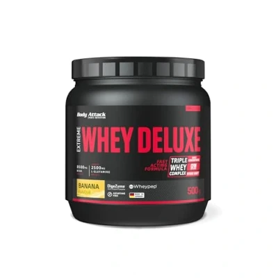 Abbildung von Body Attack Extreme Whey Deluxe Banana Cream, 500g Made in Germany Eiweißpulver mit Aminosäuren, Triple Complex, CFM Isolate, perfekt lösliches Protein Pulver, fettarm, zuckerarm