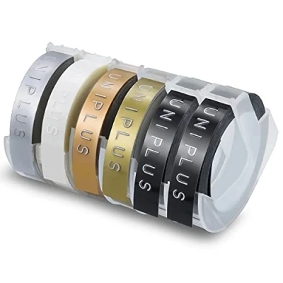 Abbildung von UniPlus Etikettenband Kompatibel mit Dymo Omega Prägeband als Ersatz für 9mm 3D Prägeetiketten Junior S0717930 Motex E 101 103, Weiß auf Schwarz/Gold/Champagner Gold/Silber/Transparent