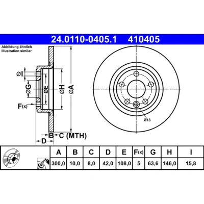 Abbildung von ATE 24.0110 0405.1 Bremsscheibe 300,0 10,0 5 108,0 voll beschichtet legiert/hochgekohlt LAND ROVER: Discovery Sport, JAGUAR: E Pace