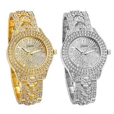 Abbildung von JewelryWe 2pcs Uhr Damen Herren Elegant Armbanduhr mit Strass Glitzer Metallarmband Analog Quarz Muttertag Gold Silber