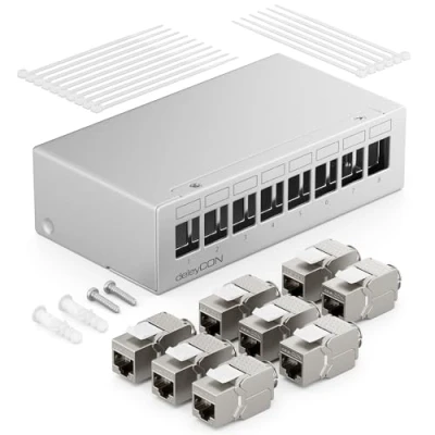 Abbildung von deleyCON 8 Port Patchpanel Set Patchfeld Verteilerfeld 1 HE + 8x RJ45 Keystone Jack Modul STP CAT6a Kompatibel mit Verlegekabel CAT6 CAT7 Netzwerkkabel Ethernet LAN DSL Grau