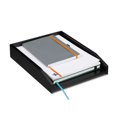 Abbildung von Relaxdays Briefablage stapelbar, DIN A4 Papier, Büro, Schreibtisch, Dokumentenablage Bambus, HBT 6 x 25 33 cm, schwarz