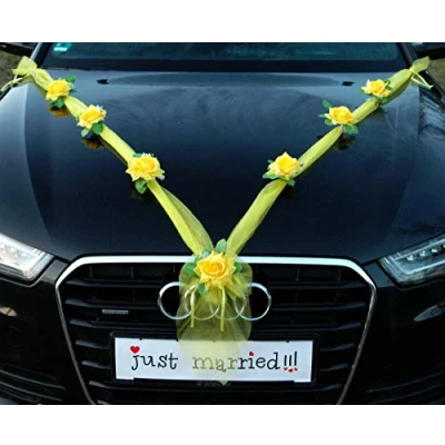 Abbildung von ORGANZA M Auto Schmuck Braut Paar Rose Deko Dekoration Autoschmuck Hochzeit Car Wedding Girlande PKW (Gelb/Gelb)