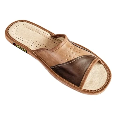 Abbildung von Apreggio Hausschuhe Herren Pantoffeln Leich Natural 100% Leder Naturprodukt Handgefertigt Braun Fester Sohle Komfort Bequeme Weich_41 EU_Braun