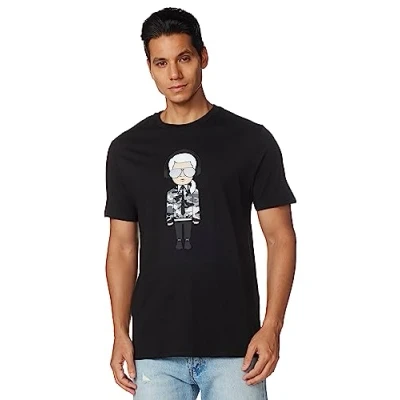 Abbildung von Karl LAGERFELD Herren Reflektierendes, Charakter mit Kopfhörern, kurzärmeliges Herrenhemd Rundhalsausschnitt T Shirt, Schwarz, L