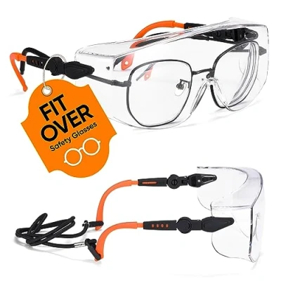 Abbildung von SAFEYEAR Schutzbrille für Brillenträger SG009,Ausgestattet mit Anti Kratzer und Fog Linsen UV400 Schutz,CE EN166 Zertifizierung，Mit Seitenschutz, umlaufender Brille, verstellbaren Brillenbeinen