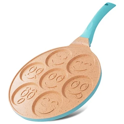 Abbildung von Joeji&#039;s Kitchen Pancake Crepe Pfanne mit 7 Mulden Smiley Gesichtern 26,5 cm Antihaft Leichte Aluminiumguss Induktion Spaß für Kinder Mehrzweck Palatschinken Spiegelei Blau