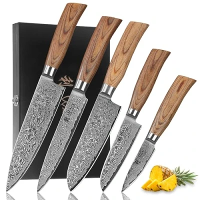 Abbildung von Wakoli EDIB Pro Premium 5er Damastmesser Set mit 8 20 cm Klingen gefertigt aus 67 Lagen echtem Damaststahl Pakkaholzgriff und Holzbox I Küchenmesserset Profi Kochmesser