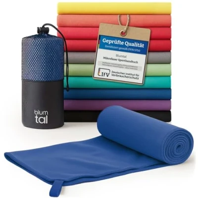 Abbildung von Blumtal Mikrofaser Handtuch 140x70 cm Sporthandtuch aus schnelltrockneder Fitness Sport Handtücher Reise Travel Towel Badetuch Blau