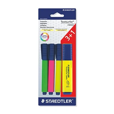 Abbildung von STAEDTLER Textmarker Textsurfer classic, hohe Qualität, mit großem Tintenspeicher für extra lange Markierleistung, Promotion 3+1 GRATIS, Blisterkarte 4 Textmarkern, 364 A BK4D