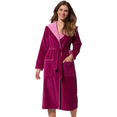 Abbildung von Morgenstern Bademantel für Damen aus Baumwolle mit Kapuze in Fuchsia wadenlang Frauen Velours Größe M Leonie